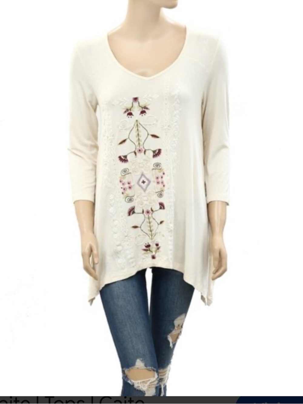 Soft Surroundings Cream V-Neck Embroidered Tunic. Size Large